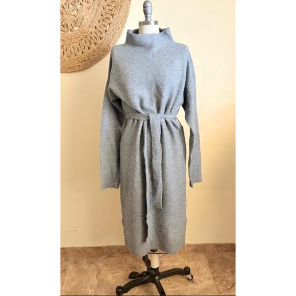 A New Day Gray Knit Sweater Dress Belted Mock Neck Long Sleeve Midi Size M NWOT - Picture 2 of 7
